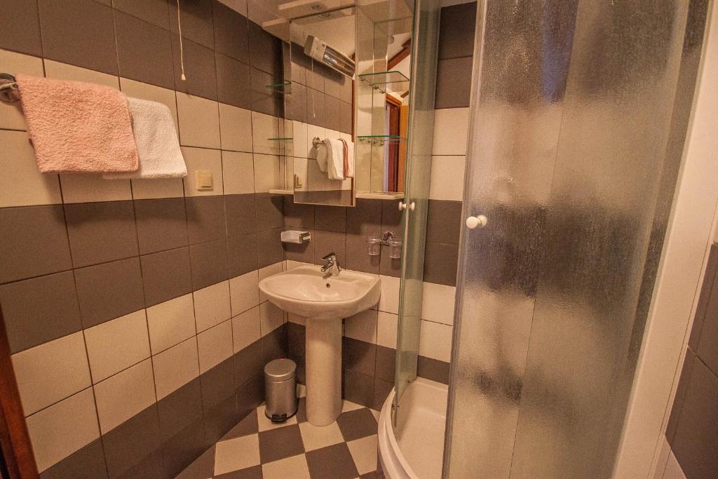 a small bathroom with a sink and a shower at Apartman Joso in Diklo