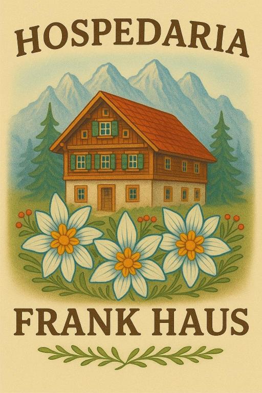 a sign for a house with flowers and mountains at Frank Haus Hospedaria in Treze Tílias