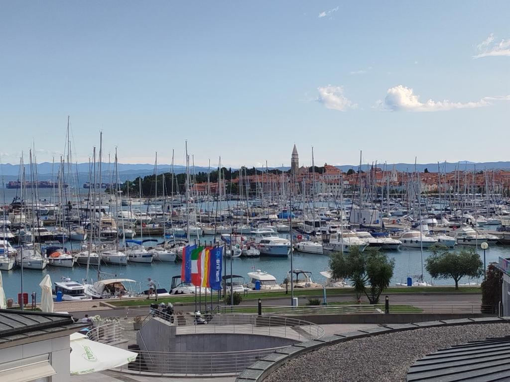 a marina with lots of boats in the water at Marina View Apartment Izola in Izola