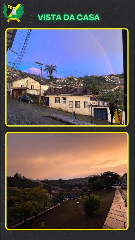 a collage of two pictures of a house with a rainbow at Republica Trem de Doido in Ouro Preto