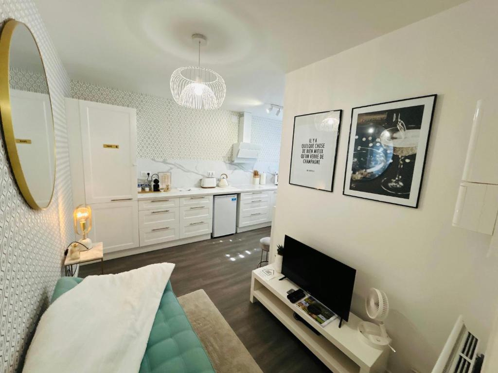 - un salon avec un canapé et une télévision dans l'établissement CosyBulles Centre-ville Tramway, à Reims