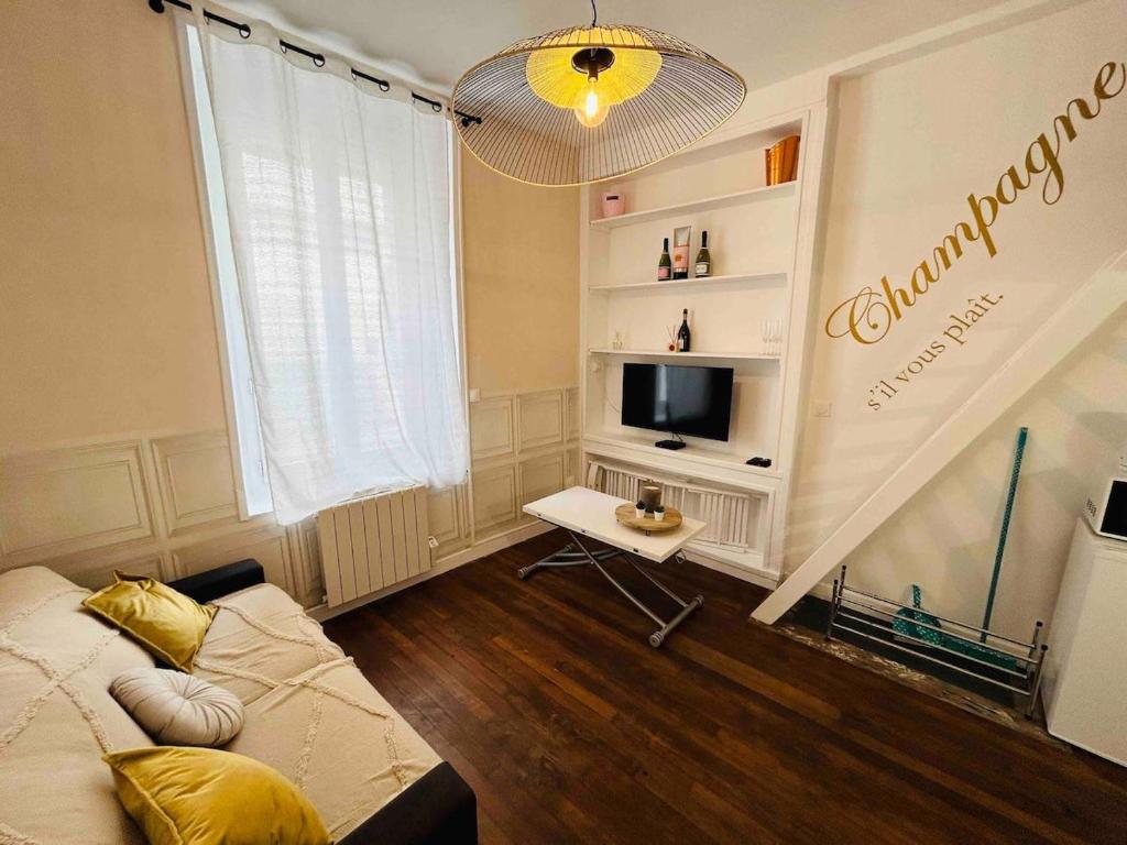 un salon avec un canapé et une télévision dans l'établissement Le Champagne Coquebert Centre-ville, à Reims