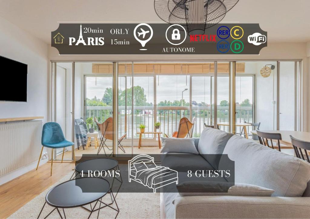 un salon avec un canapé, des tables et des chaises dans l'établissement Appart'Hôtel Luminous Vue Seine- Paris 15min, à Juvisy-sur-Orge