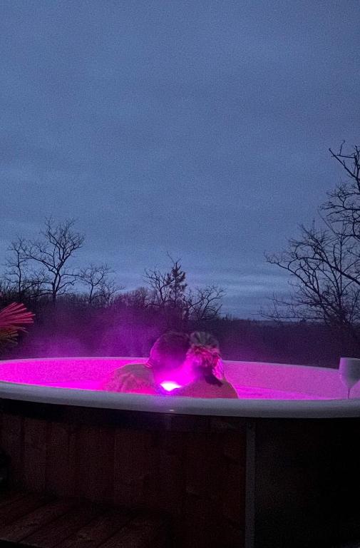 une personne allongée dans un bain à remous avec un éclairage rose dans l'établissement Hébergement insolite avec vue imprenable, à Lafrançaise