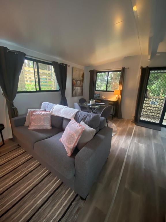 a living room with a gray couch with pillows at Mountain Escape in Wentworth Falls