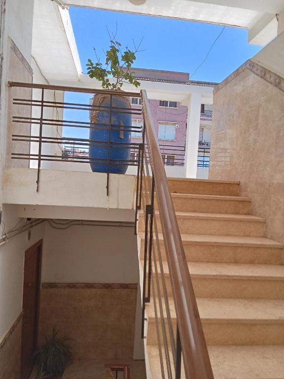 a plant in a blue pot sitting on a staircase at Cléopâtre 1er étage in Tefeschoun