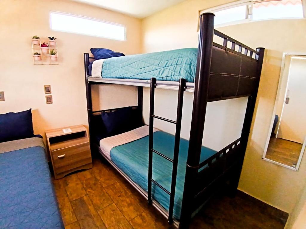 2 letti a castello in una camera con specchio di Rose Room literas , Paseo Durango a Durango