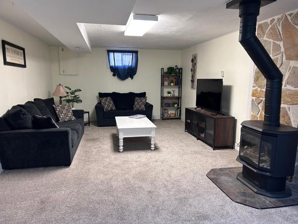 a living room with a couch and a fireplace at Sunny Days! Room for All and Pet Friendly in Pocatello