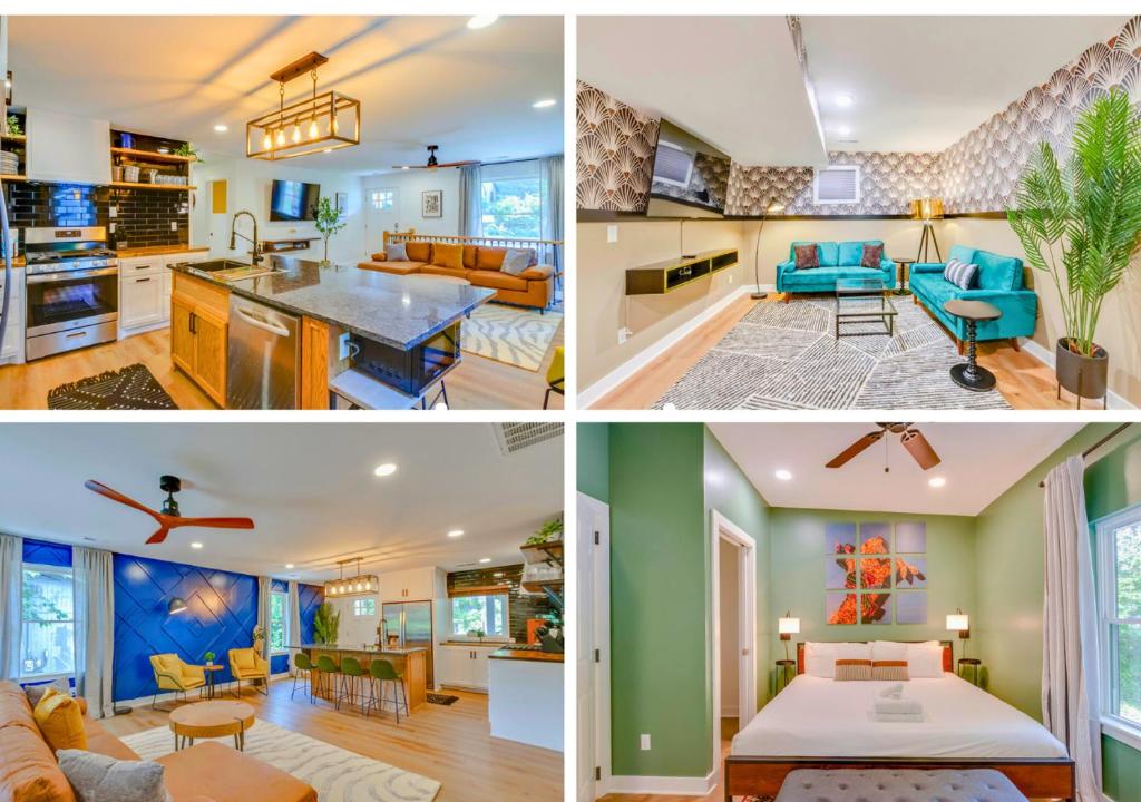 a collage of four pictures of a kitchen and a living room at NashOasis 10 Min to DT, Gameroom, Huge Yard in Nashville