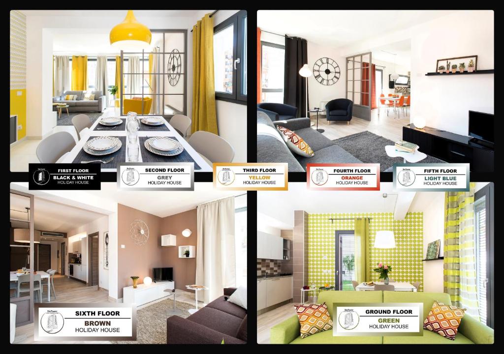 een collage van foto's van een woonkamer en een woonkamer bij SkyTower in Rome
