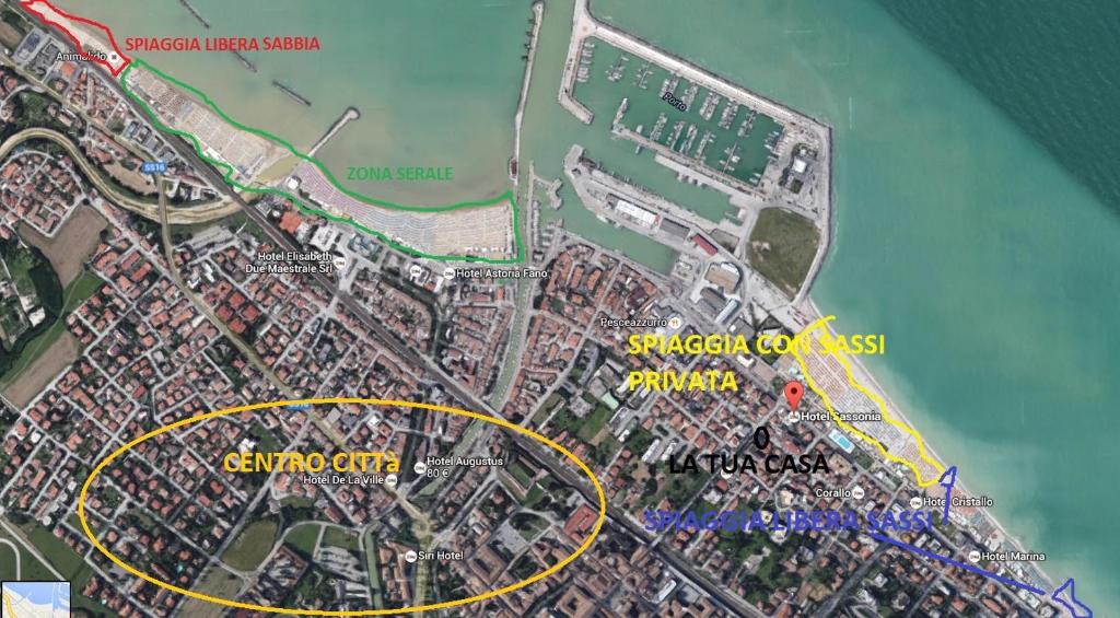 a map of a city with a yellow circle at Trilocale sul Mare in Fano