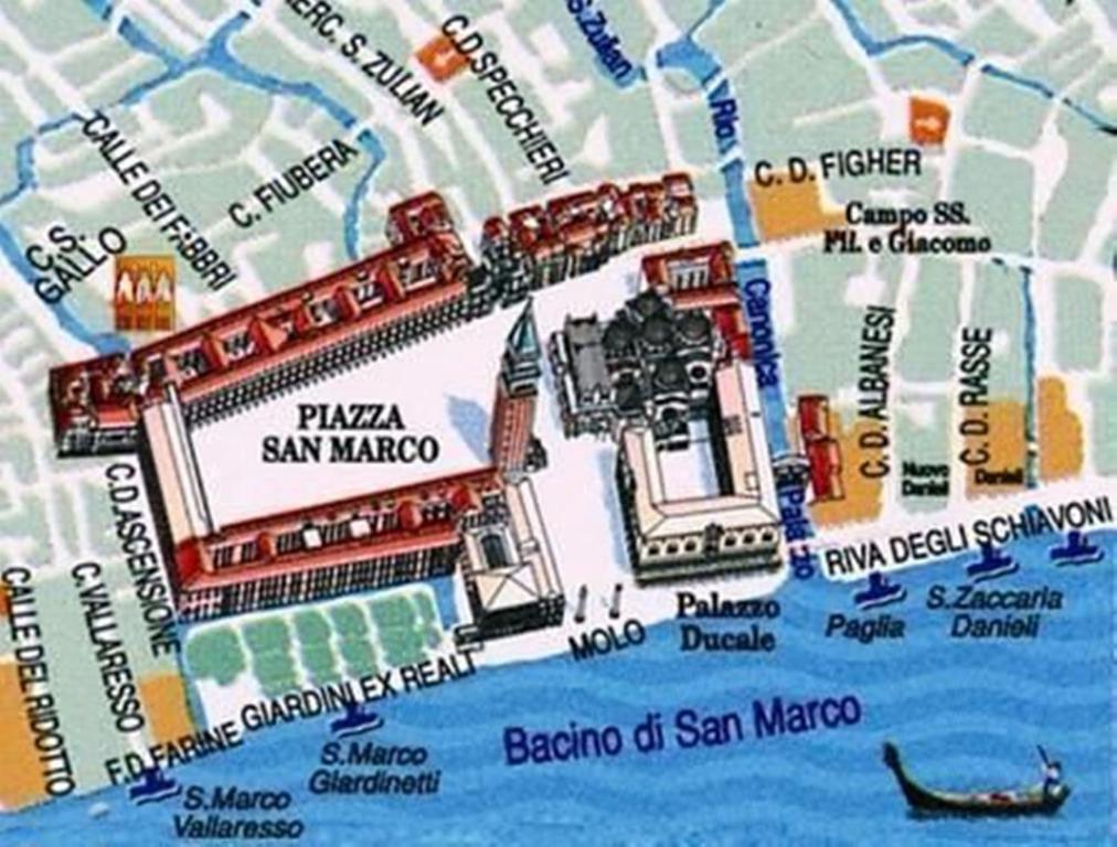 a map of san mignes with the ruins of san migament at Hotel San Gallo in Venice