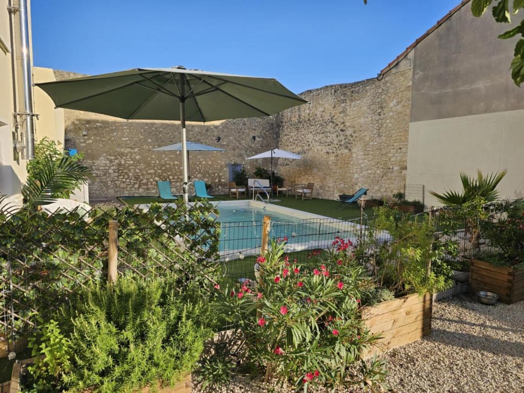 - une piscine avec un parasol et quelques plantes dans l'établissement Partie de villa, à Velleron