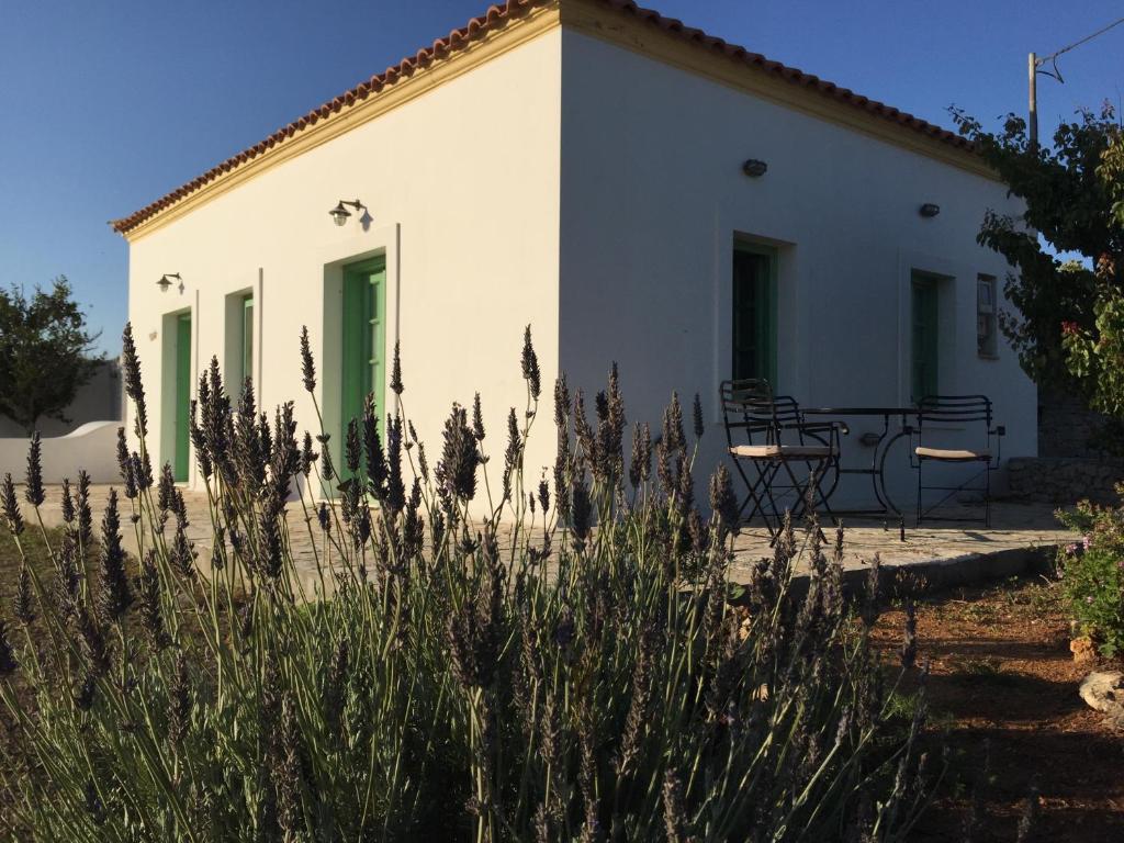 un edificio blanco con puertas verdes y algunas plantas en Villa Lemonia - Guest House, en Aroniadika