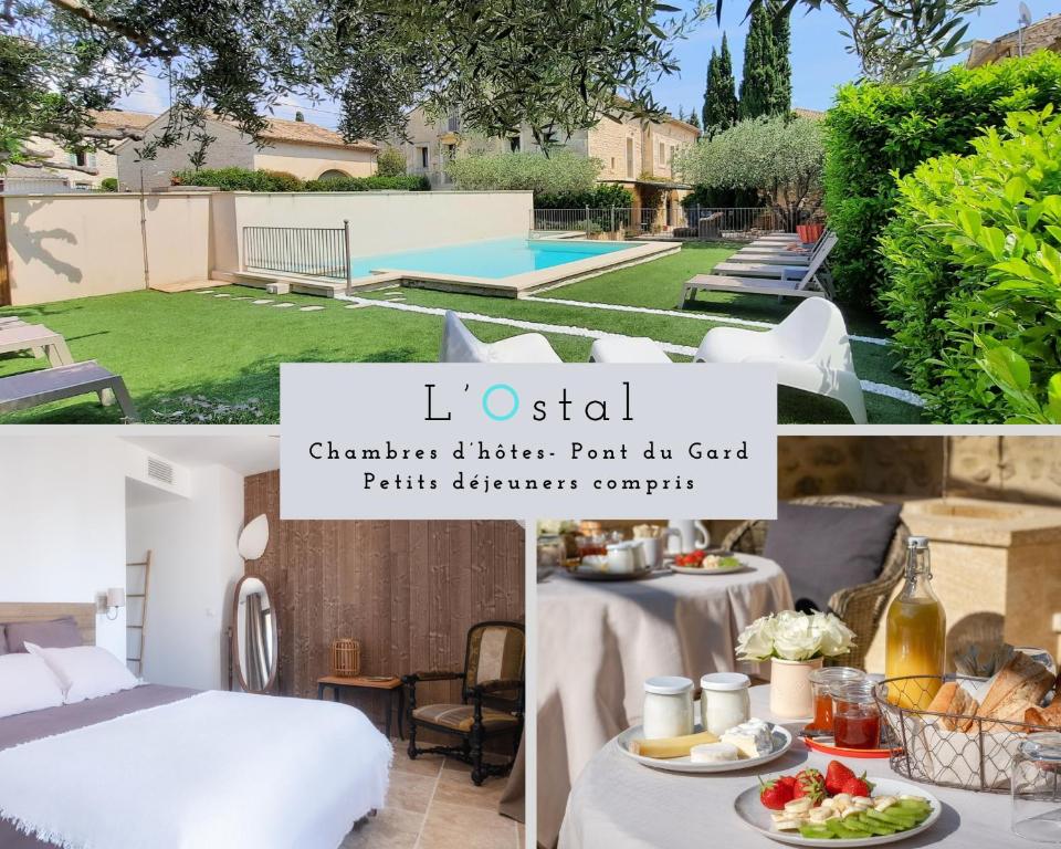 a collage of photos of a villa with a bed and a pool at L'Ostal Saint Hilaire d'Ozilhan - Bed & Breakfast - Spa in Saint-Hilaire-dʼOzilhan