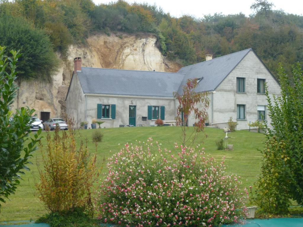 a large white house on a green field with a mountain at La Bossellerie in Courdemanche