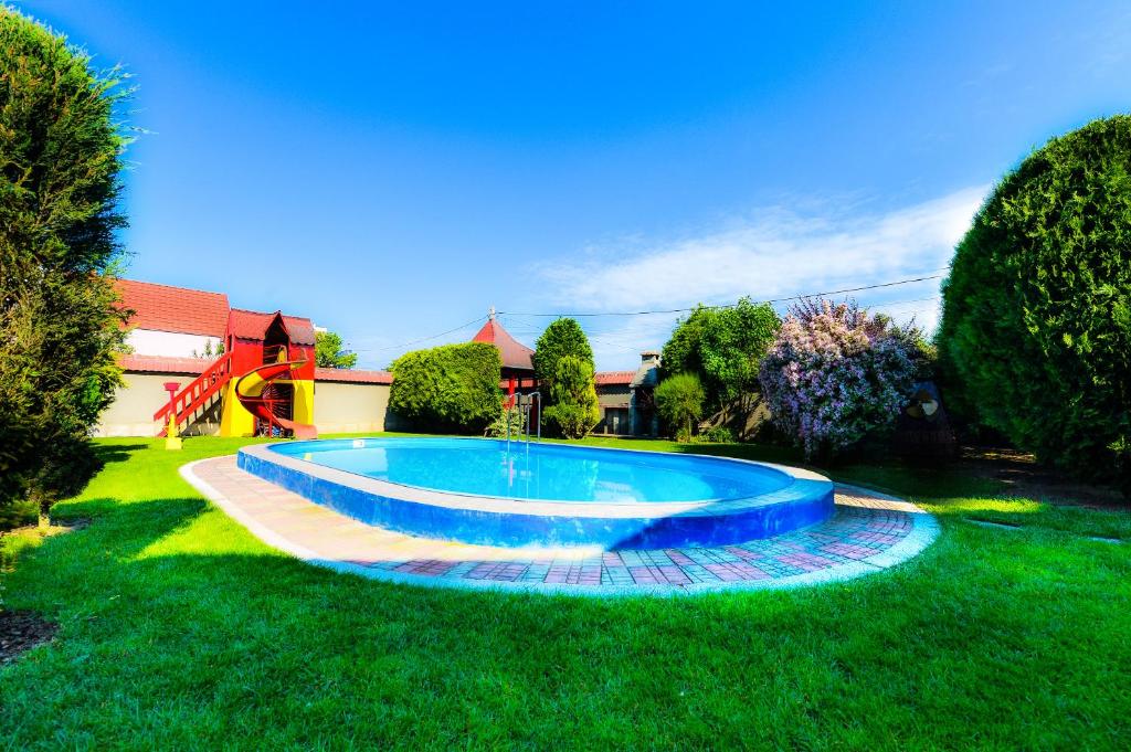ein Schwimmbad in der Mitte eines Gartens in der Unterkunft Casa Mihai in Haţeg