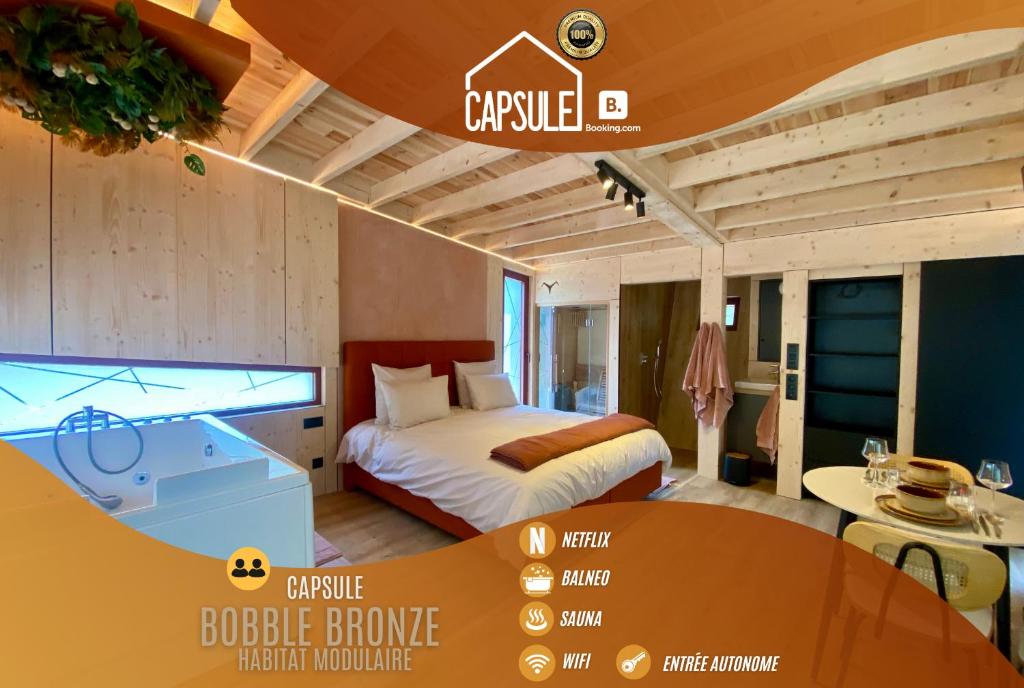 Postel nebo postele na pokoji v ubytování Capsule Bobble Mons Centre - Jacuzzi - Sauna - Netflix