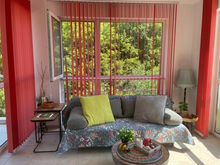 a living room with a couch and a large window at Apartment Siana in Balchik