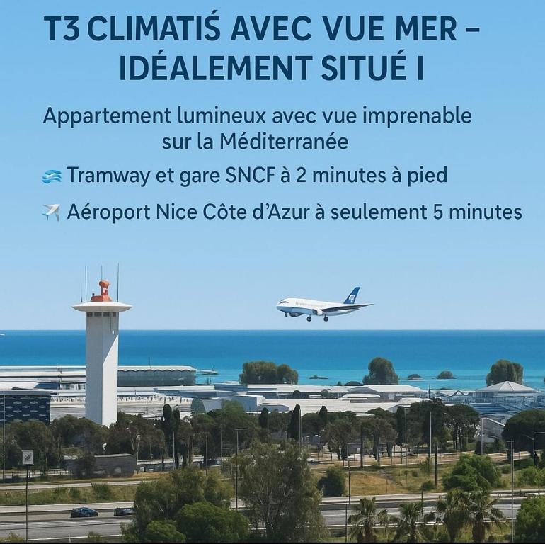 Un avion décolle d'un aéroport dans l'établissement F3 ,appartement climatisé neuf, magnifique vue sur mer et aéroport, proche tram et gare sncf 1 min,aéroport 3 minutes, 3 rooms, new AC apartment, magnificent sea and airport views, close to tram and SNCF train station 1 min, airport 3 min, à Nice