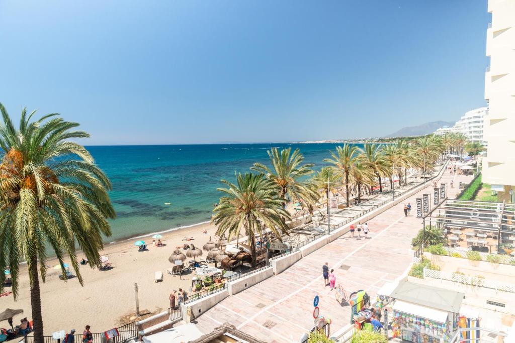 Una vista de una playa con palmeras y el océano. en Puerto Azul Marbella, en Marbella
