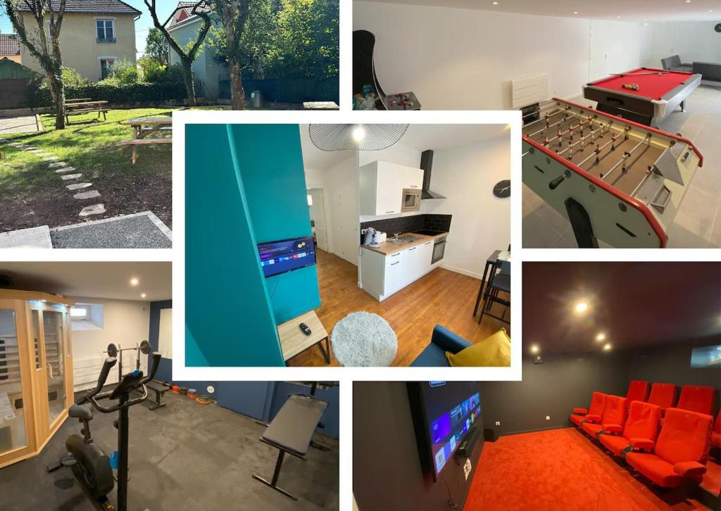 een collage van foto's van een kamer met een pooltafel bij Logement Neuf Cosy avec Espaces Communs Premium 13 in Belfort