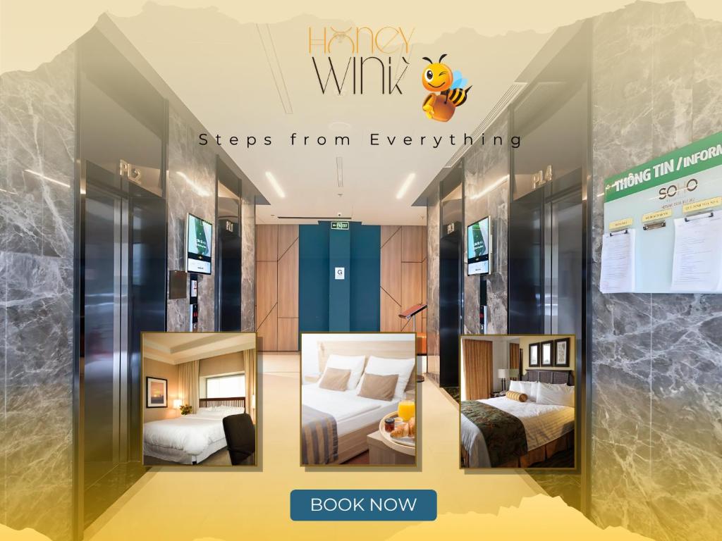 a collage of three pictures of a hotel room at Honey Wink - 5 Min Walk to Walking Street in Ho Chi Minh City