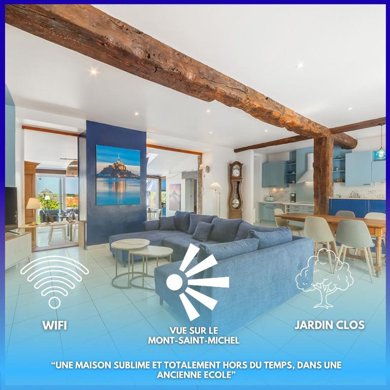 une visualisation d'un salon avec un canapé bleu dans l'établissement Le Savoir du Mont, vue Mont-Saint-Michel, à Huisnes-sur-Mer