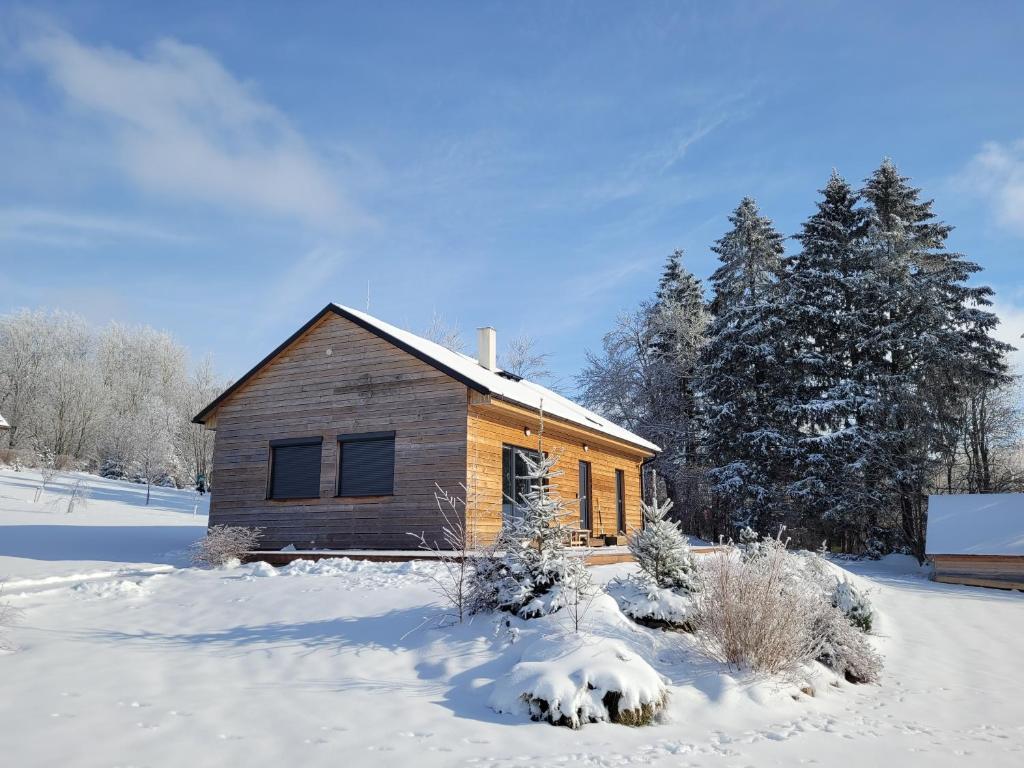 a small wooden house in the snow with trees at Apartmány Stachy Popelná in Stachy