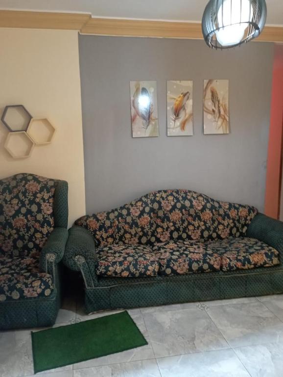 a couch and a chair in a living room at sidi bashr el tram street ali abi bash in Banī Ghālib