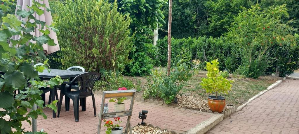 eine Terrasse mit einem Tisch und Stühlen im Garten in der Unterkunft Maison Cosy avec Terrasse à Vallenay in Vallenay