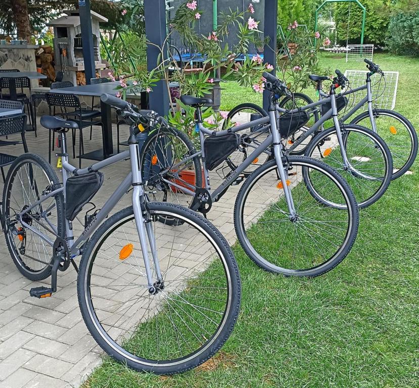 a group of bikes parked in the grass at Abturist penzion in Štúrovo