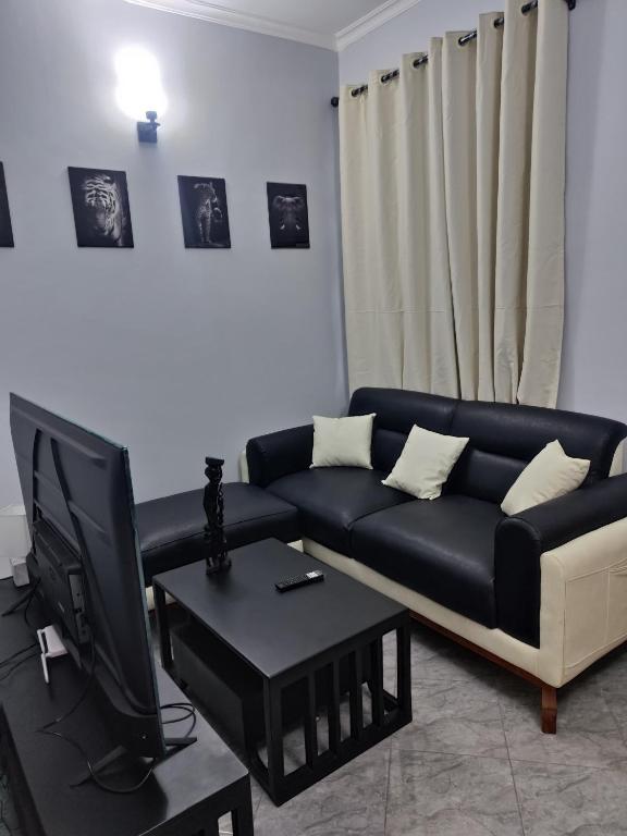 un salon avec un canapé noir et une télévision dans l'établissement Happy Shayo 01 Boutique Hotel Kinondoni, à Dar es Salaam
