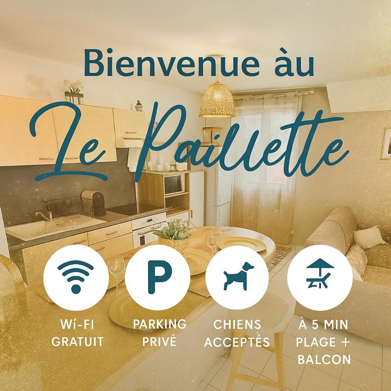 une affiche d'une cuisine avec les mots benzine au furniture dans l'établissement Le paillette T2 400 m de la plage Berck, à Berck-sur-Mer