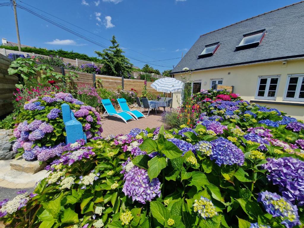 a garden with purple flowers and blue chairs at Atlantik in Loperhet