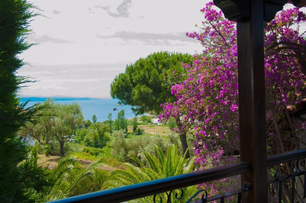 a view from a balcony with purple flowers at Villa Anna Maria in Agia Paraskevi