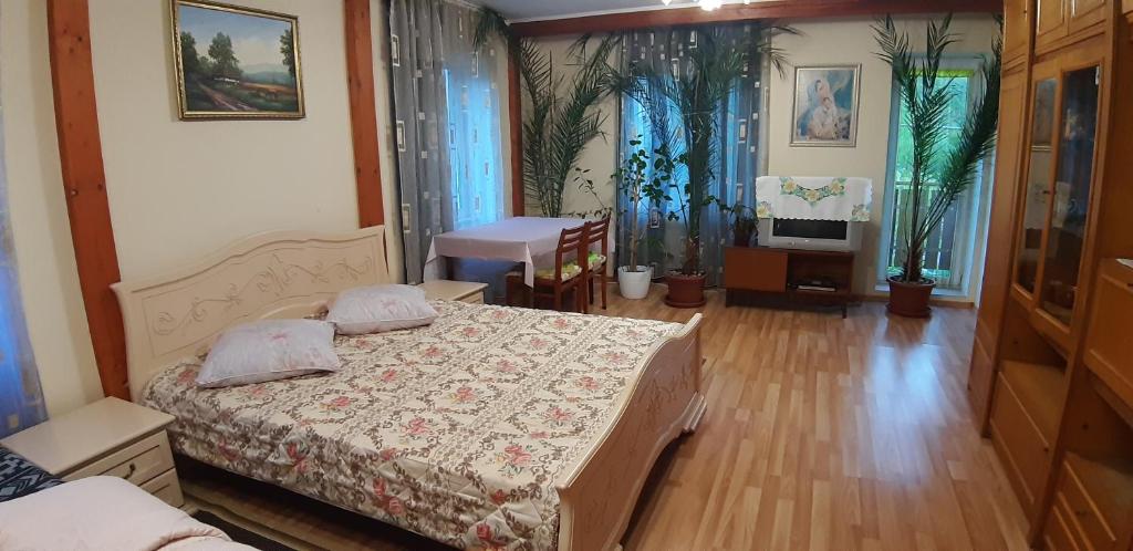 a bedroom with two beds and a table and a television at Садиба Сергія in Sinyak