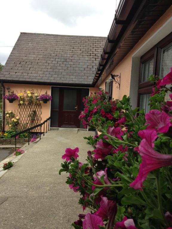 ein Haus mit rosa Blumen davor in der Unterkunft Eriu Lodge in Clifden