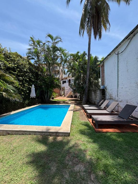 a swimming pool with lounge chairs and a palm tree at Casa Gabriela in Bucerías