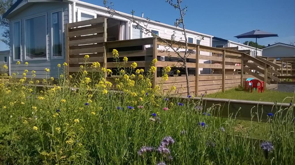 a house with a fence and a field of flowers at Vakantie Chalet Makkum in Makkum