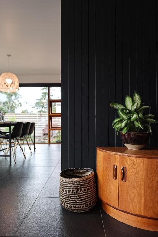 a plant sitting on top of a wooden cabinet in a room at Huon Valley House in Ranelagh