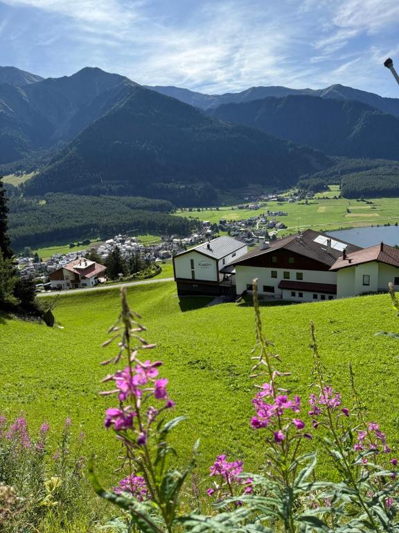 a green field with pink flowers in the foreground at Panorama Lodges Plagött in San Valentino alla Muta
