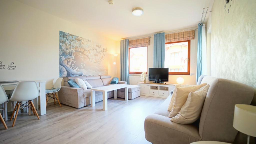 a living room with a couch and a tv at Apartamenty Every Sky Polna 4 Karpacz in Karpacz