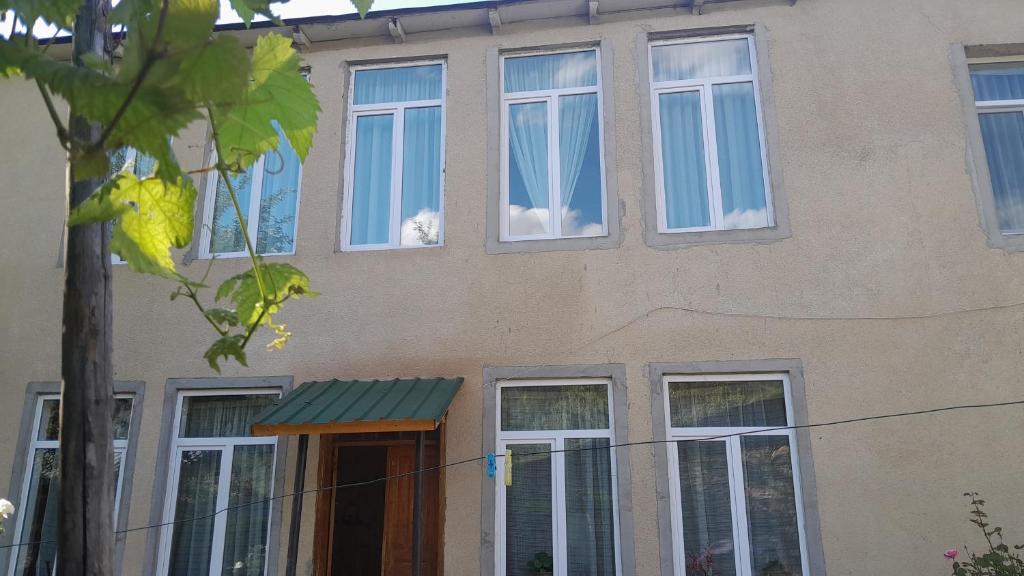 a building with four windows and a cat sitting in the window at Guest House Gabo in Mestia