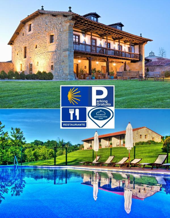 un collage de dos fotos de una casa y una piscina en Palación de Toñanes, en Toñanes