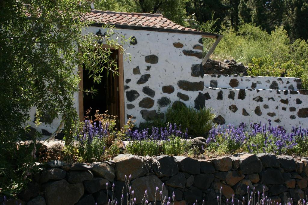 un jardín con flores púrpuras frente a un edificio de piedra en Casa Rural el Riachuelo, en Garafía