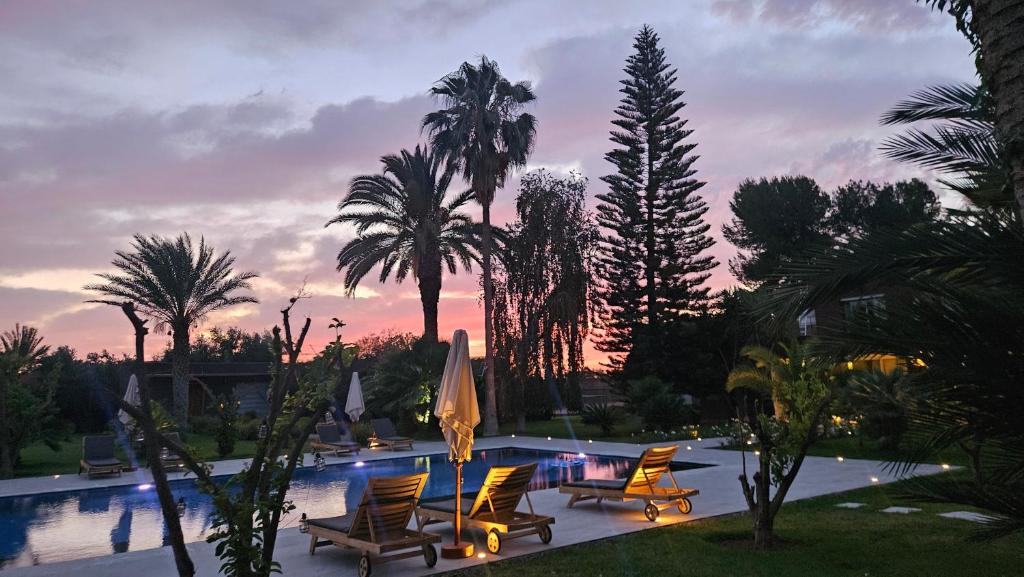 - une piscine avec des chaises, un parasol et des palmiers dans l'établissement Villa Fima Kech, à Marrakech