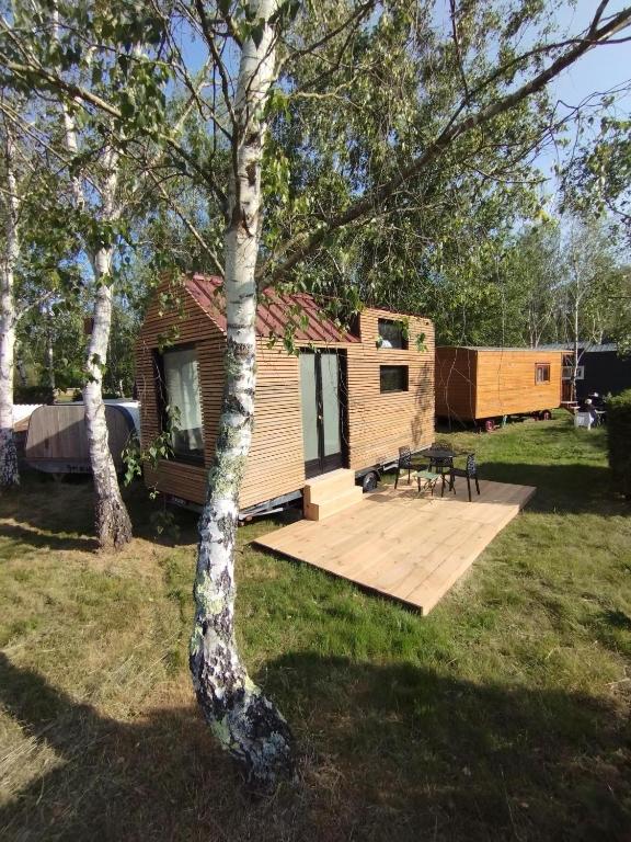 Tiny house في Naujac-sur-Mer: منزل صغير مع شرفة في فناء