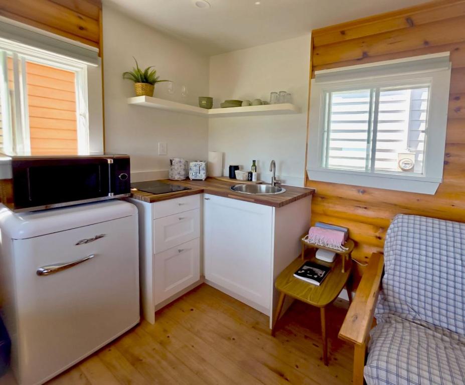 a small kitchen with a sink and a microwave at Hunts Point 1-BR Coastal Retreat - Cottage # 7 in Summerville Centre