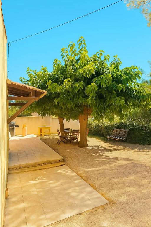 a patio with two trees and a picnic table at Les Mûriers in La Ciotat
